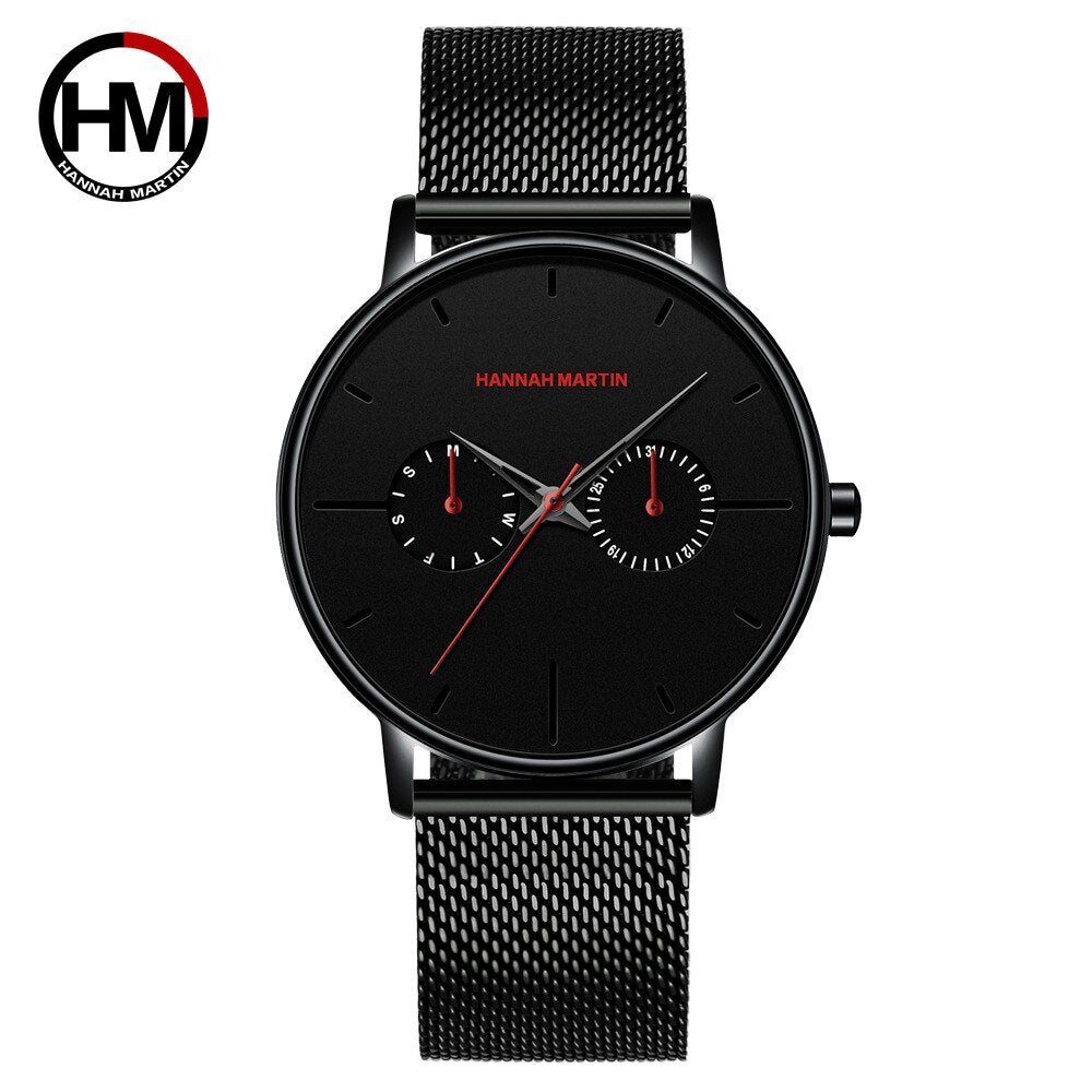 Black Multifunction Minimalism Design Stainless Steel Mesh Band Watch For Men