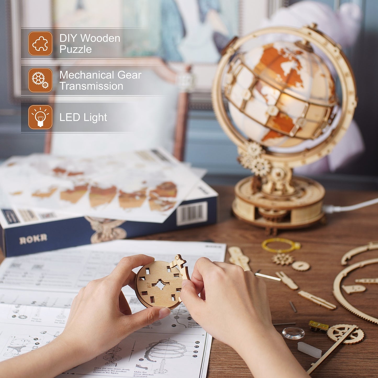 Luminous 3D Wooden Puzzle Globe with LED Light