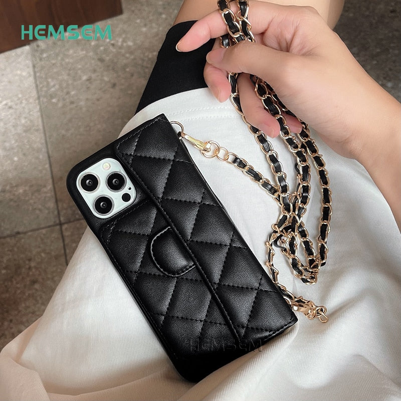 Fashion Chain Crossbody Lambskin PU Leather Case for iPhone