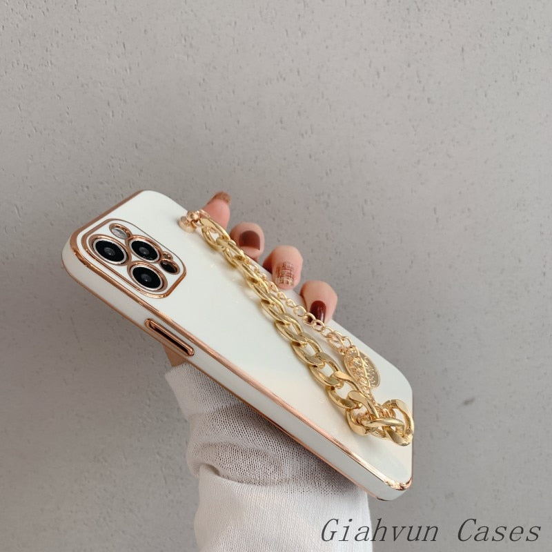 Luxury Plating Glossy Metal Coin Bracelet Chain Soft Case For iPhone