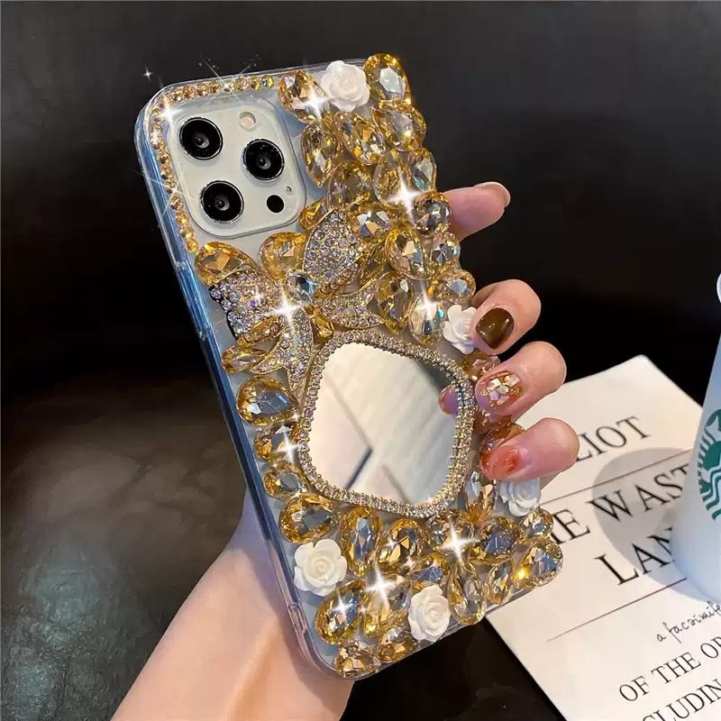 Bling Diamond Bead Chain Mirror Strap Phone Case For iPhone