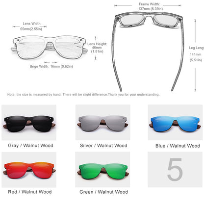KINGSEVEN Fashion Men & Women Handmade Walnut Wood Mirror Polarized Sunglasses - UV400 Protection | Brand Design Colorful Shades