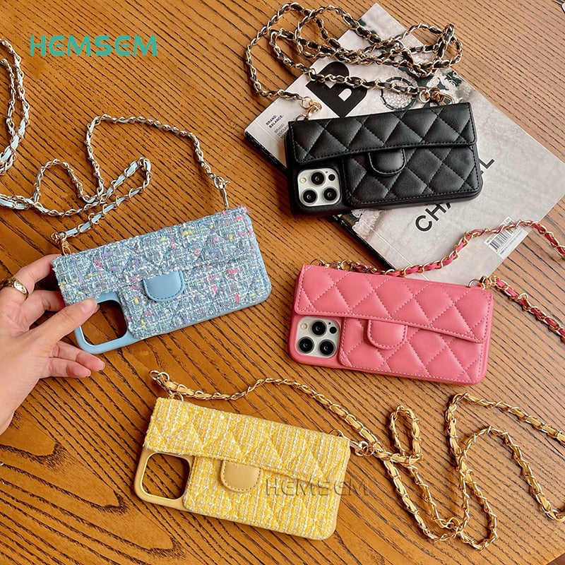 Fashion Chain Crossbody Lambskin PU Leather Case for iPhone