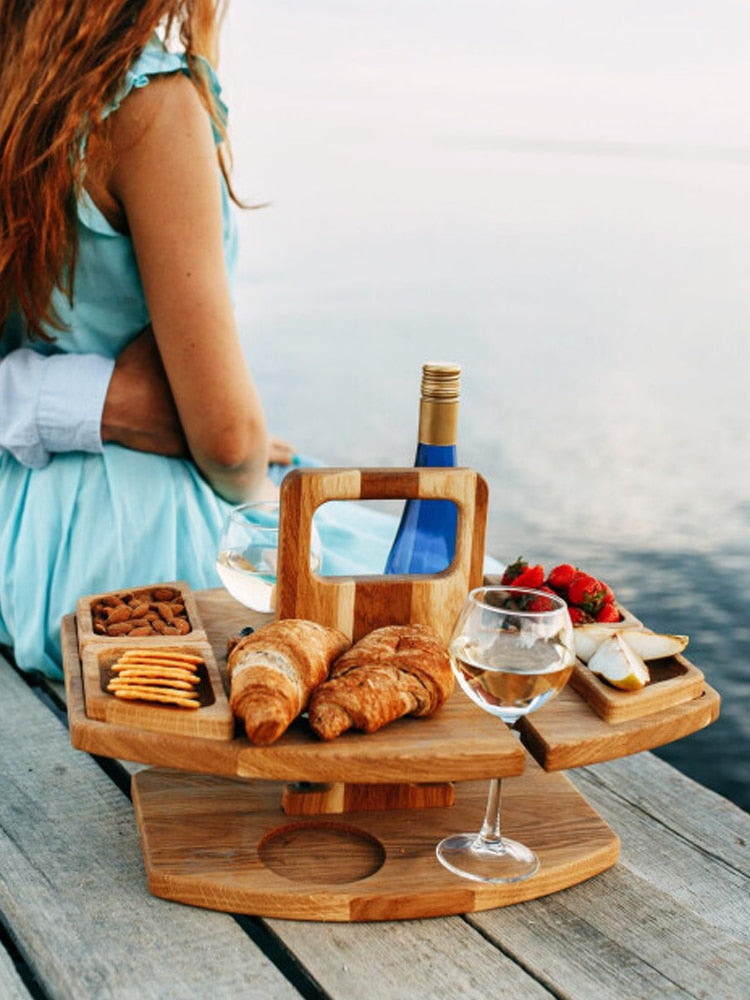 Wooden Outdoor Portable Camping Picnic Table With Wine|Glass Holders  & Storage Tray