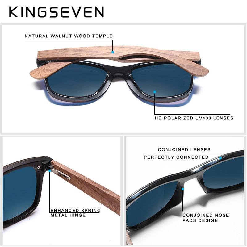 KINGSEVEN Fashion Men & Women Handmade Walnut Wood Mirror Polarized Sunglasses - UV400 Protection | Brand Design Colorful Shades
