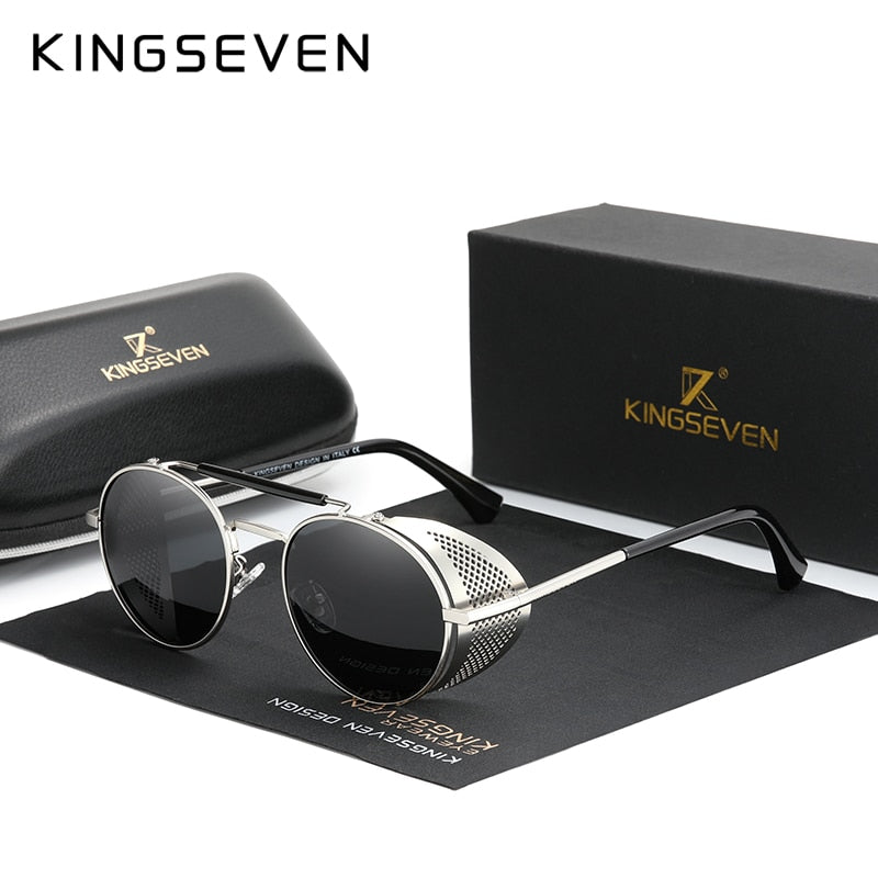 KINGSEVEN Retro Round Steampunk Sunglasses For Men & Women