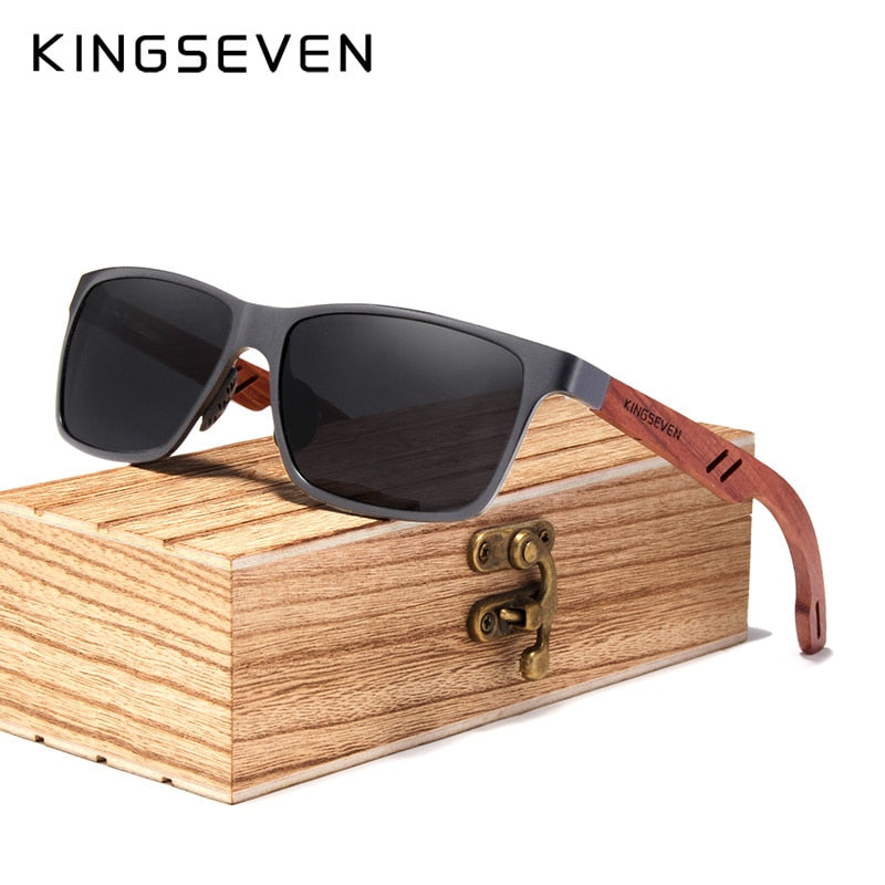 KINGSEVEN Retro Aluminum+Wood Sunglasses For Men & Women With Wooden Case