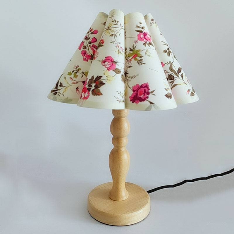 Cute Bedside Solid Wooden Table Lamp With Fabric Flower Shade