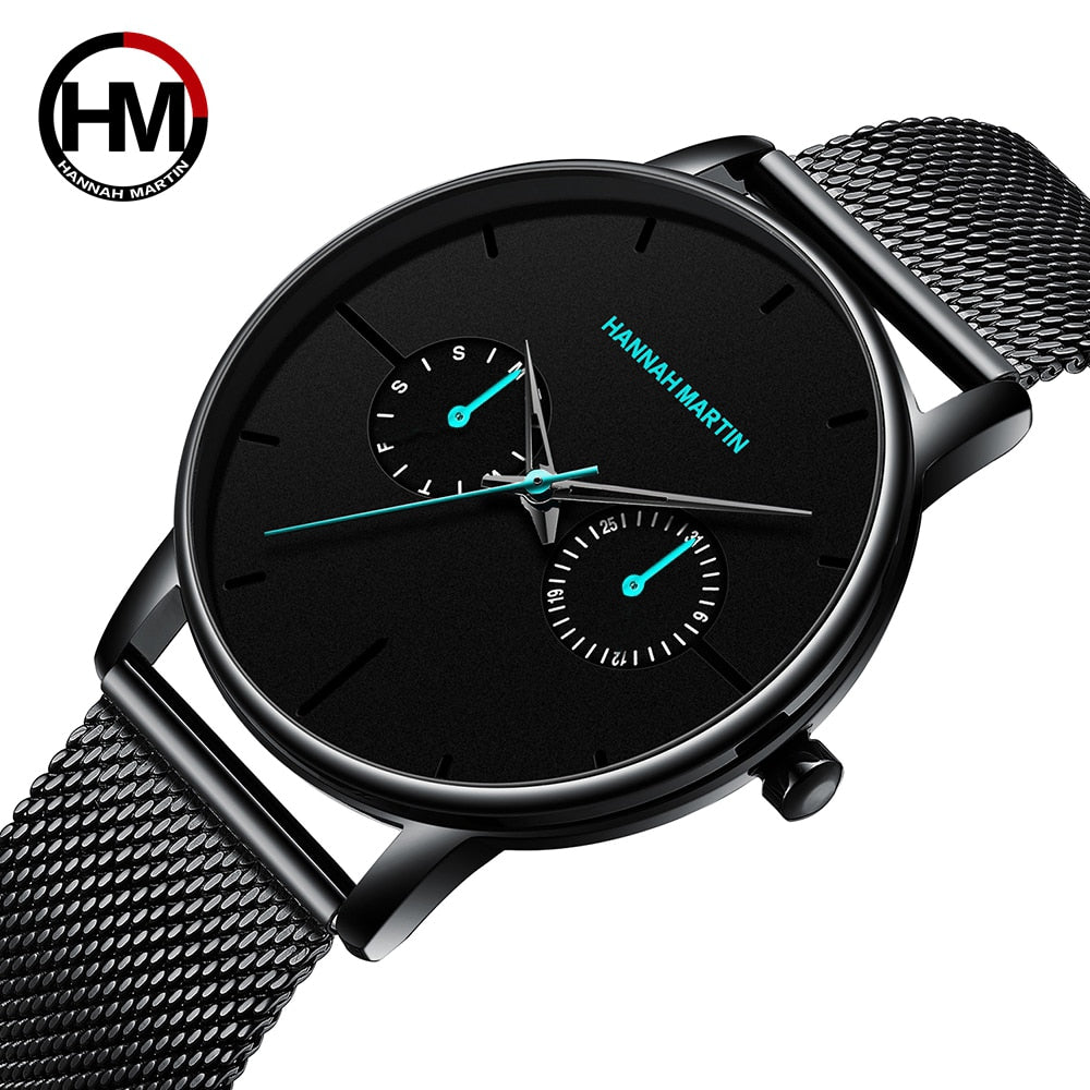 Black Multifunction Minimalism Design Stainless Steel Mesh Band Watch For Men