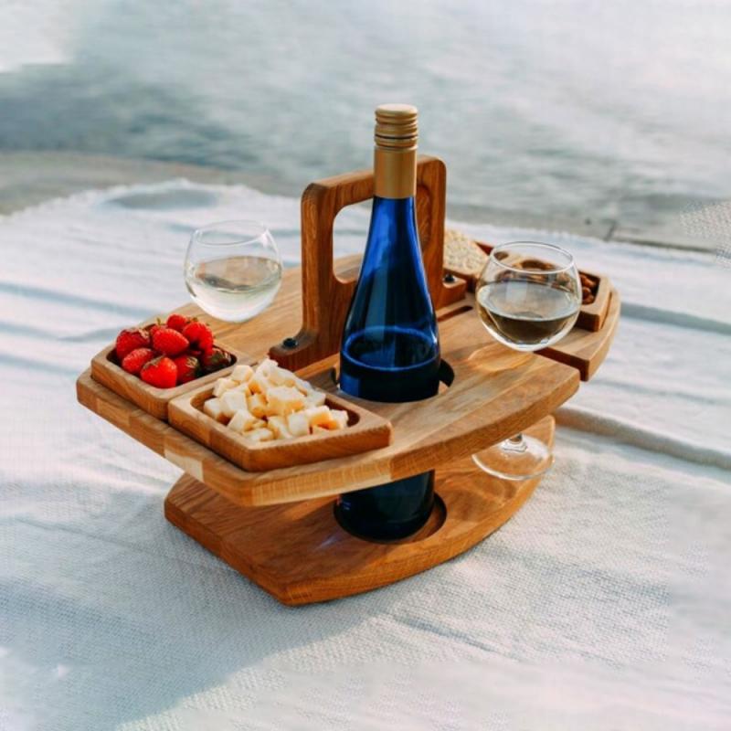 Wooden Outdoor Portable Camping Picnic Table With Wine|Glass Holders  & Storage Tray