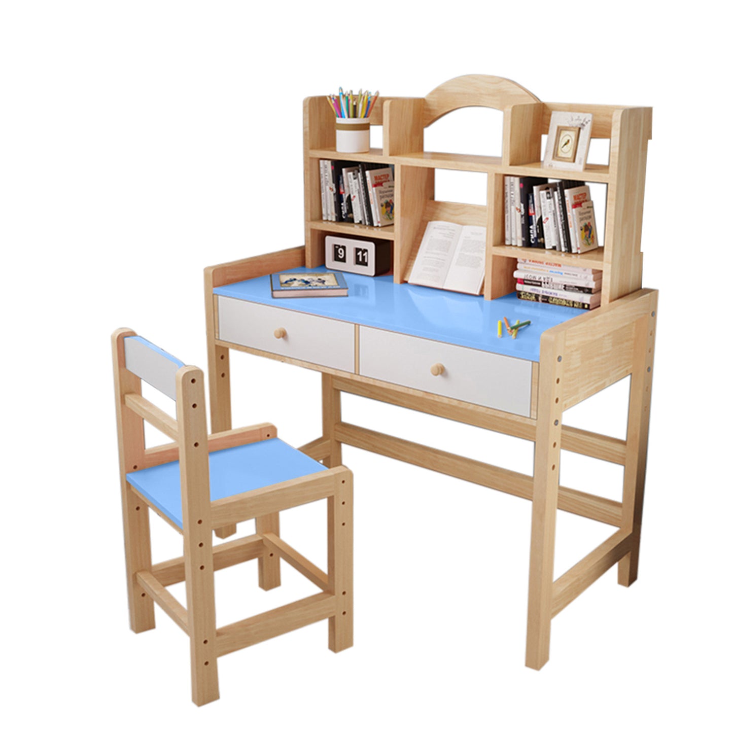 Wooden Student Desk And Chair Set With Drawers And Bookshelves Adjustable Height