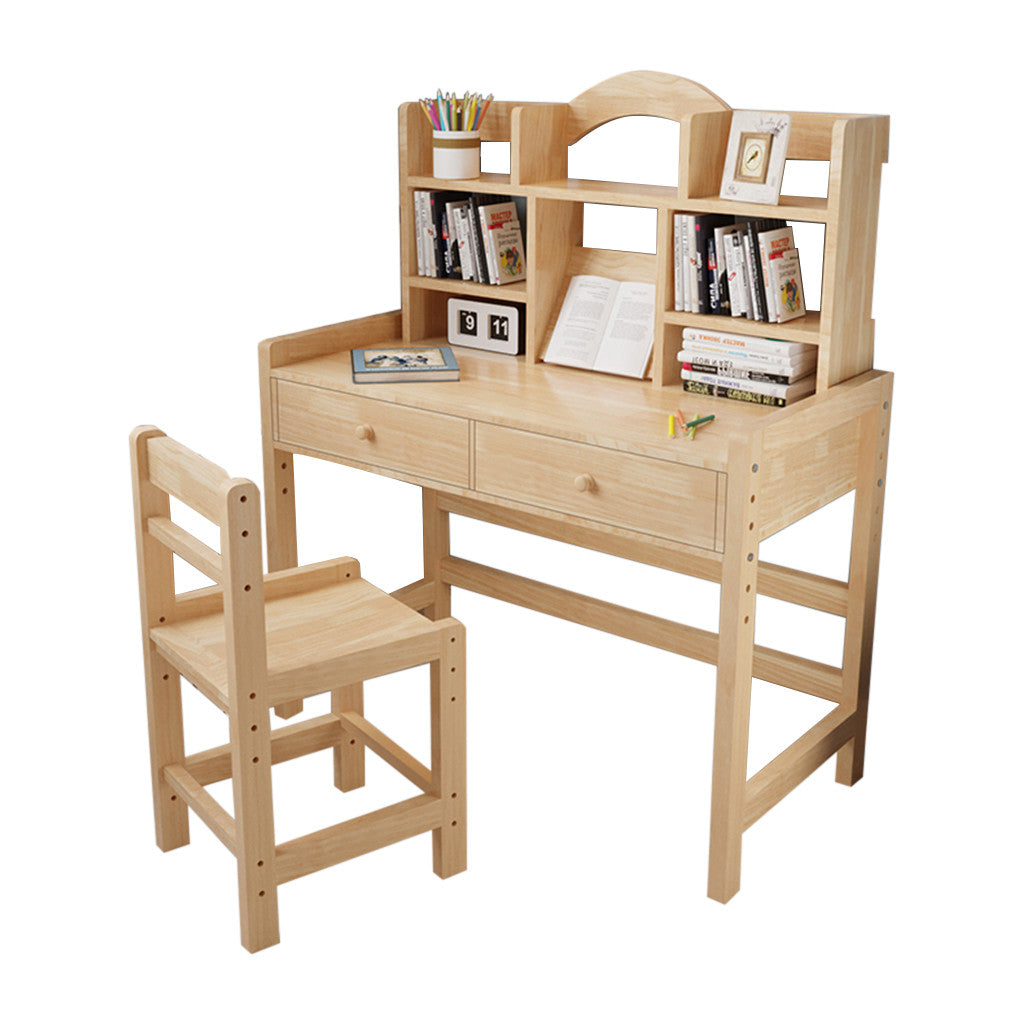 Wooden Student Desk And Chair Set With Drawers And Bookshelves Adjustable Height