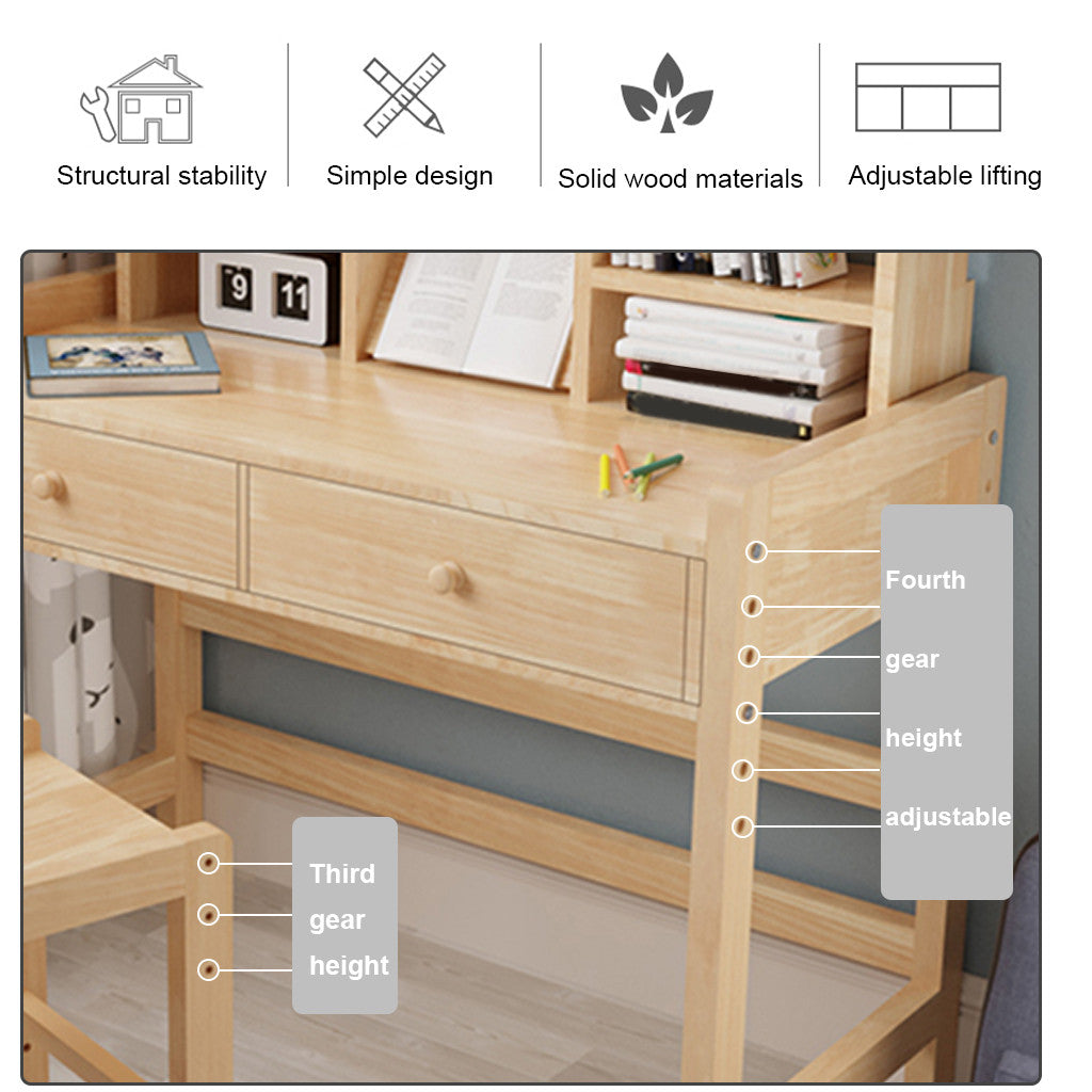 Wooden Student Desk And Chair Set With Drawers And Bookshelves Adjustable Height