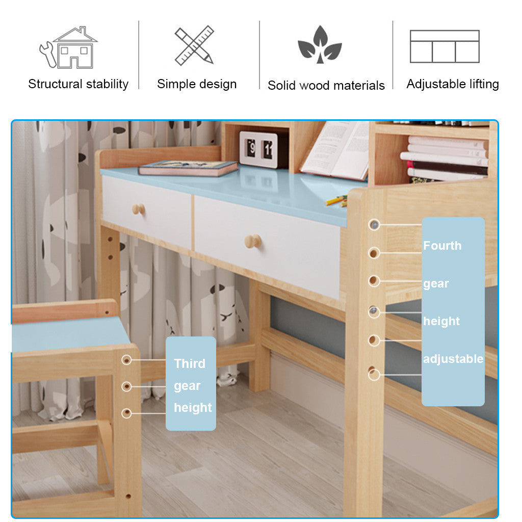 Wooden Student Desk And Chair Set With Drawers And Bookshelves Adjustable Height