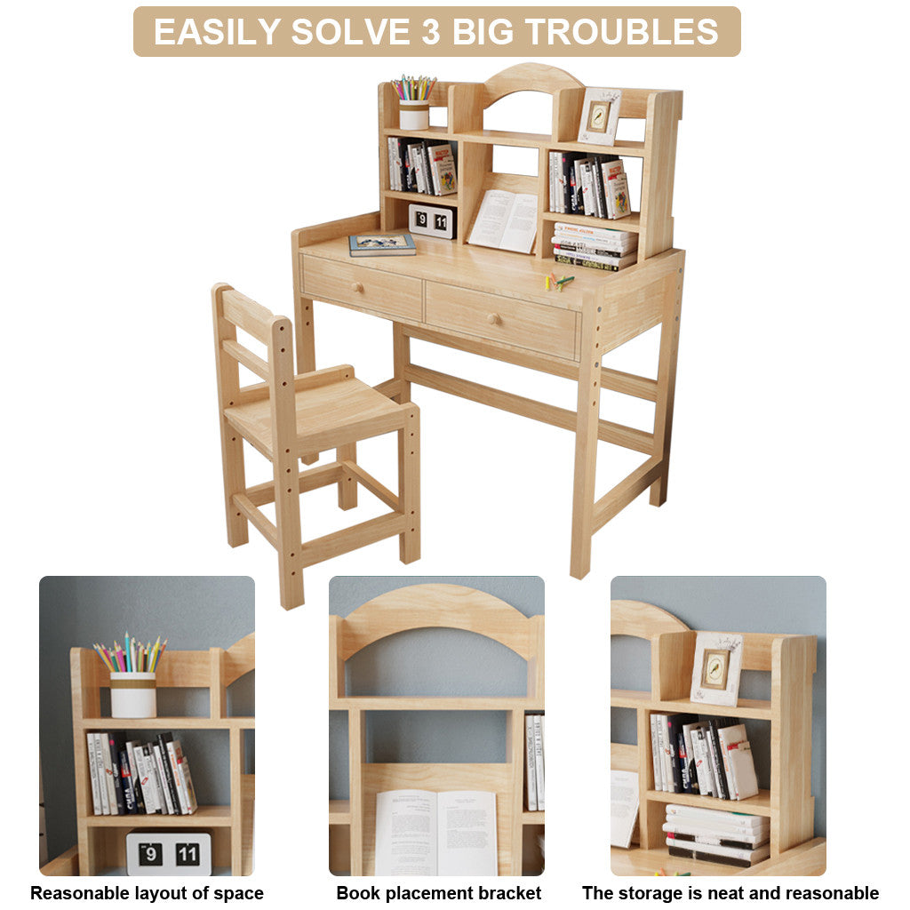 Wooden Student Desk And Chair Set With Drawers And Bookshelves Adjustable Height