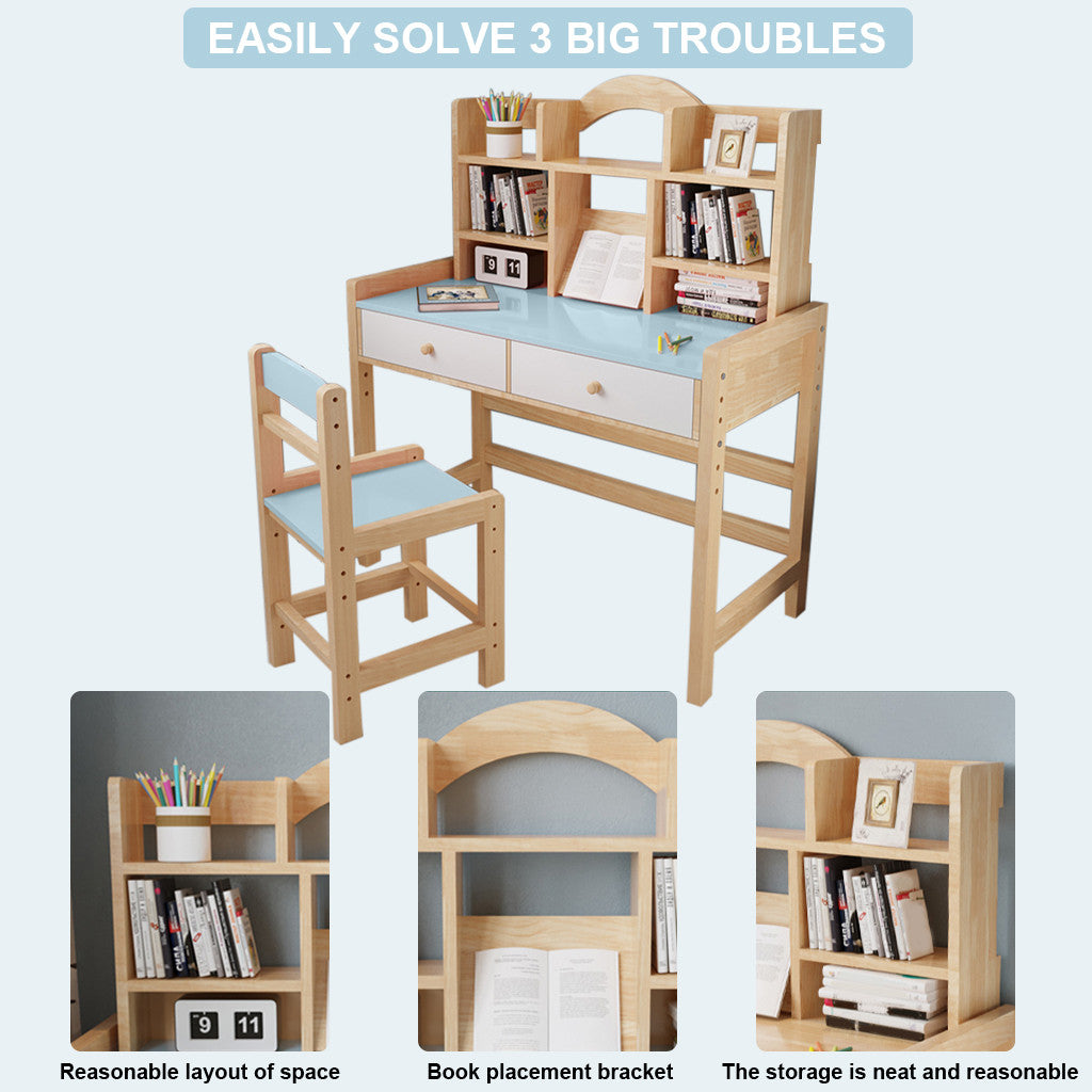 Wooden Student Desk And Chair Set With Drawers And Bookshelves Adjustable Height