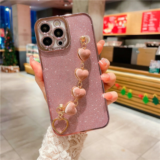 Luxury Flash Plating Frame With Love Heart Bracelet Phone Case