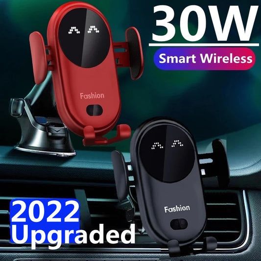30W True Wireless Car Qi Fast Charger With Automatic Clamping Phone Holder