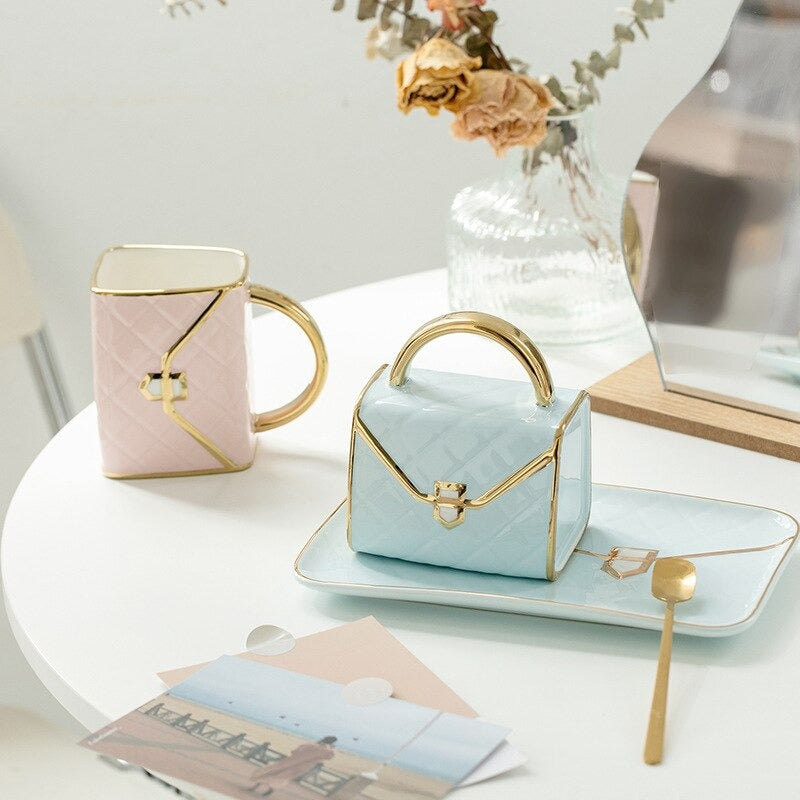 Handbag-Shaped Creative Ceramic Mug With Saucer & Spoon