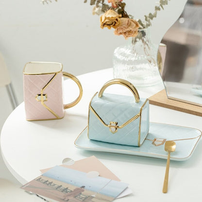 Handbag-Shaped Creative Ceramic Mug With Saucer & Spoon