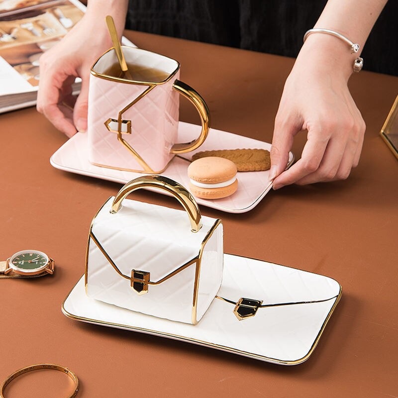 Handbag-Shaped Creative Ceramic Mug With Saucer & Spoon