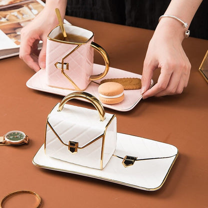 Handbag-Shaped Creative Ceramic Mug With Saucer & Spoon