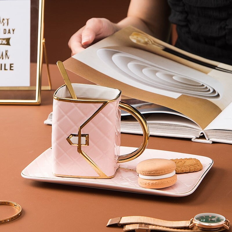 Handbag-Shaped Creative Ceramic Mug With Saucer & Spoon