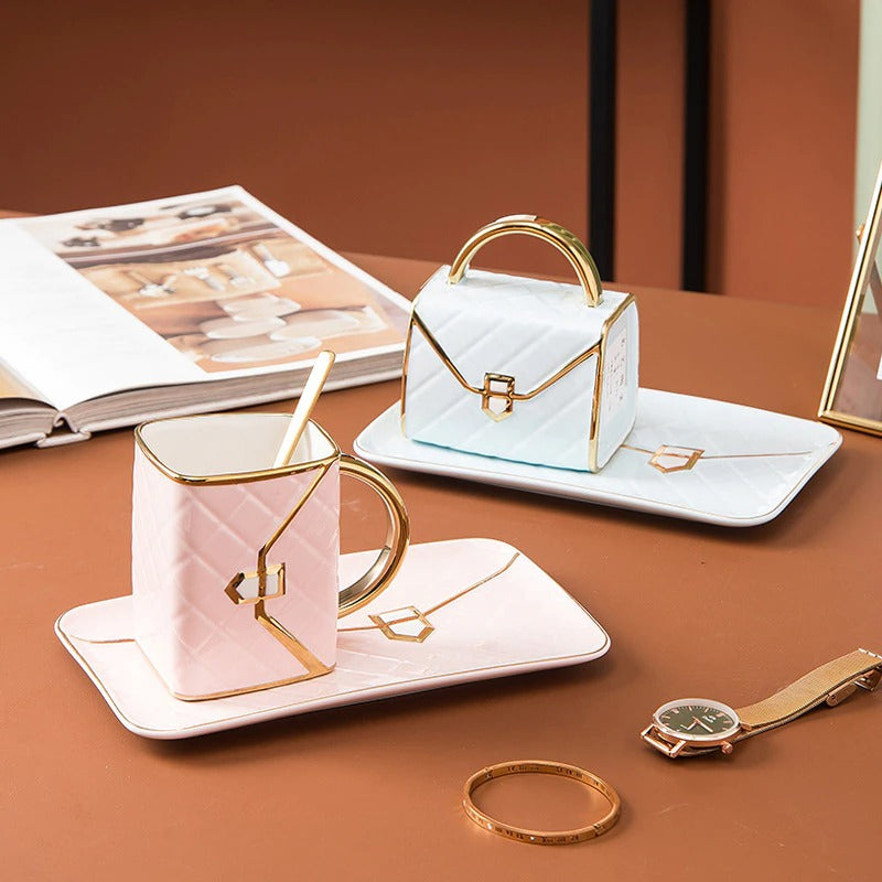 Handbag-Shaped Creative Ceramic Mug With Saucer & Spoon
