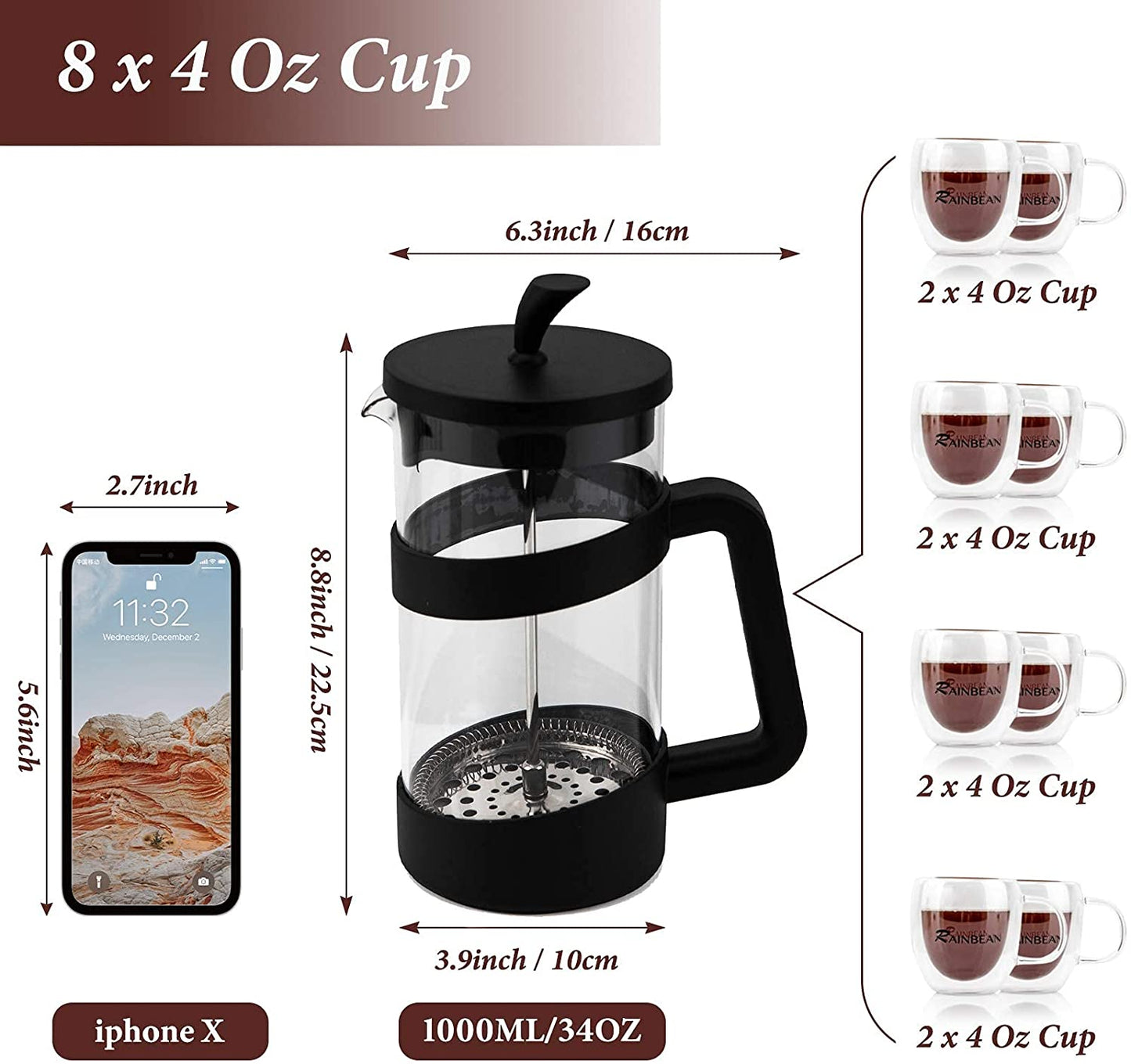 Large Portable French Press Glass Travel Camping Coffee Makers Pot 34 Oz