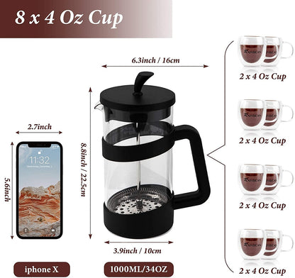 Large Portable French Press Glass Travel Camping Coffee Makers Pot 34 Oz