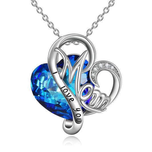 Mom Necklace 925 Sterling Silver with Blue Heart Crystals Mothers Jewelry Gifts