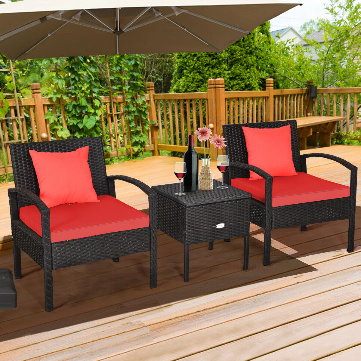 Patiojoy 3PCS Patio Rattan Furniture Set Cushioned Sofa Storage Table Deck Red