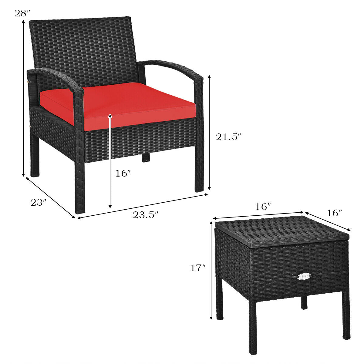 Patiojoy 3PCS Patio Rattan Furniture Set Cushioned Sofa Storage Table Deck Red