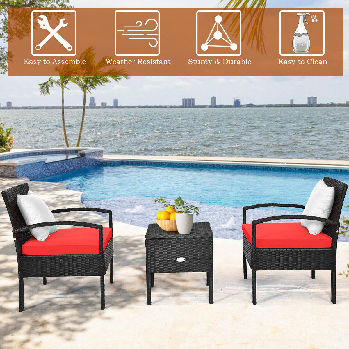 Patiojoy 3PCS Patio Rattan Furniture Set Cushioned Sofa Storage Table Deck Red