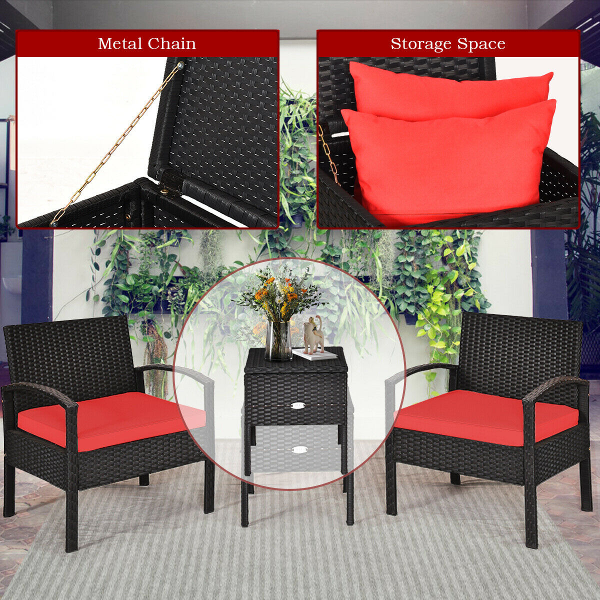 Patiojoy 3PCS Patio Rattan Furniture Set Cushioned Sofa Storage Table Deck Red