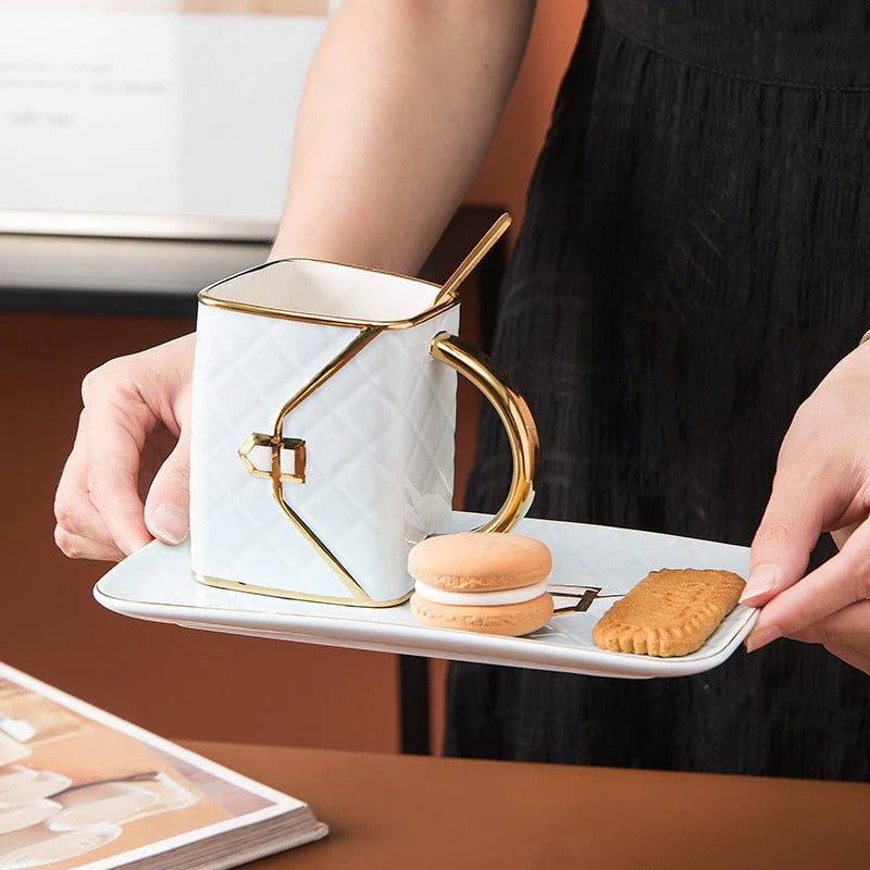 Handbag-Shaped Creative Ceramic Mug With Saucer & Spoon